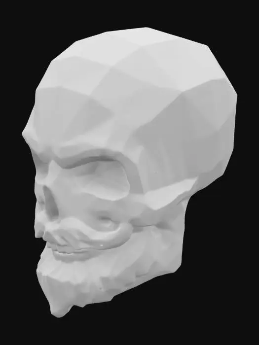 3D model for Create a stylized, low-poly skull that features a handlebar moustache and beard. The skull should be rendered polygon style, emphasizing the geometric shapes low-poly aesthetic. Ensure that the moustache and beard are intricately designed. Pay attention to the sharpness of the polygons and the smoothness of the moustache and beard, maintaining the balance between the detailed and the simplistic elements of the design.