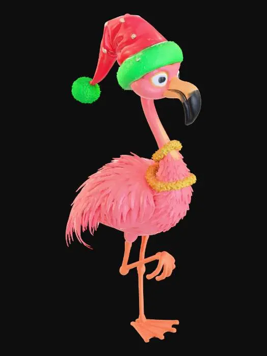 3D model for A flamingo charicture wearing a christmas hat make it whimsical