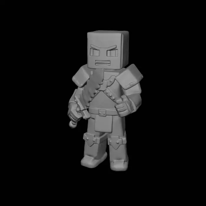 3D model for Minecraft player character, blocky low-poly style, 16‑bit pixel textures, standing pose, wearing full diamond armor with enchant glow, holding a netherite sword, dark blue and cyan color theme, expressive blocky face, background transparent, game asset, front view, symmetric, suitable for animation.