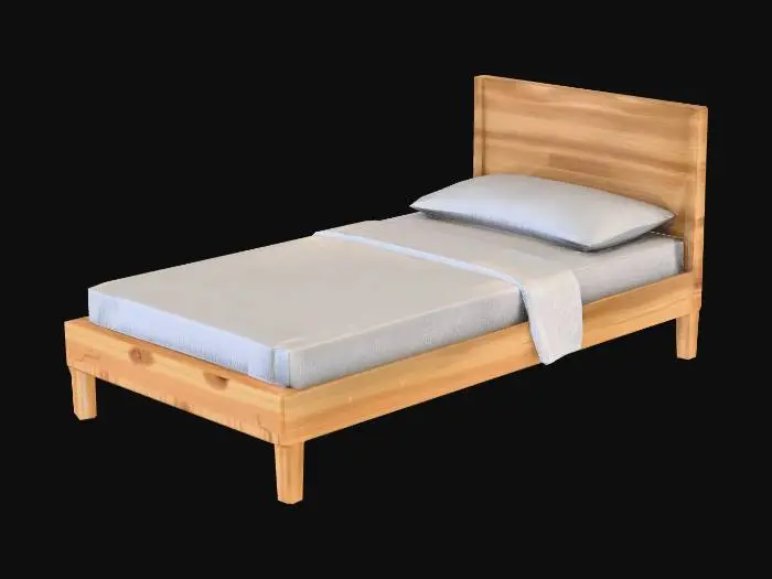 3D model for Realistic household prop for VR game. Simple, clean shapes, no logos or text. Readable at a glance, slightly stylized realism. Correct real-world scale (cm). Game-ready low/medium poly, clean topology, no micro-geometry. UV unwrapped, consistent texel density. PBR workflow (BaseColor, Normal, Roughness, Metallic, AO). Pivot placed for natural interaction (floor or hinge). Designed for construction gameplay clarity.


Single bed frame, simple rectangular form, low headboard. Mattress as separate mesh.