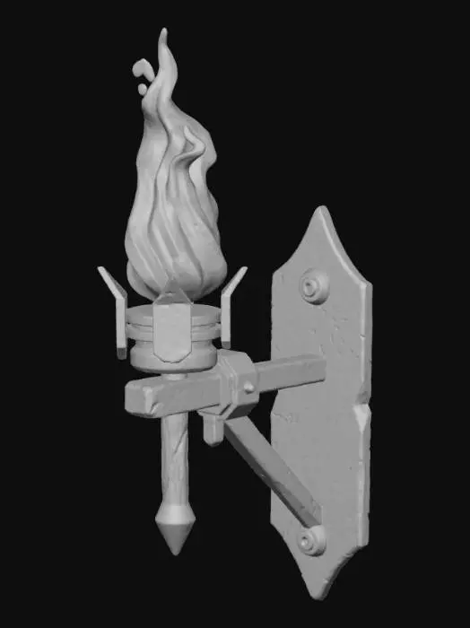 3D model for medieval wall torch on iron bracket, realistic stylized game vibe, warm metal tones, scorched marks on wall mount, detailed flame placeholder, modular decoration, PBR render