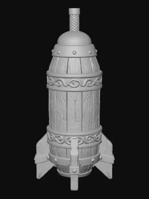 3D model for “medieval stylized rocket projectile, wooden reinforced tube with iron bands, solid intact fuse tip, realistic stylized texture, no effects, single 3D object, PBR”