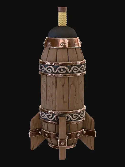 3D model for “medieval stylized rocket projectile, wooden reinforced tube with iron bands, solid intact fuse tip, realistic stylized texture, no effects, single 3D object, PBR”