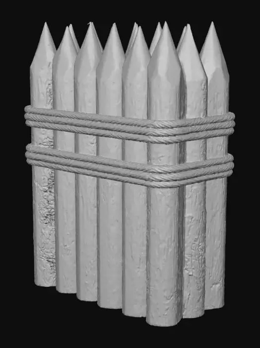 3D model for small modular wooden palisade section, sharpened logs, realistic stylized medieval look, worn wood texture, rope bindings, grounded color palette, PBR, 3D render