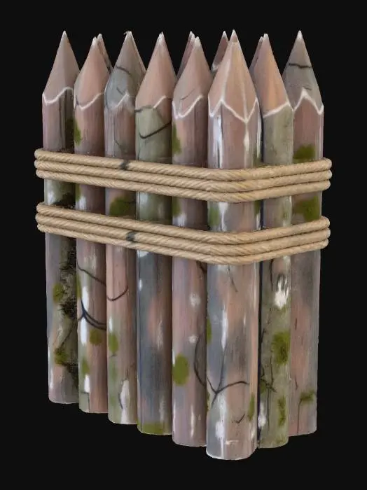 3D model for small modular wooden palisade section, sharpened logs, realistic stylized medieval look, worn wood texture, rope bindings, grounded color palette, PBR, 3D render