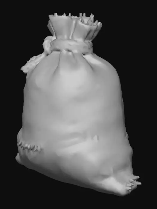 3D model for “medieval burlap sack prop, rough textile surface, tied rope closure, realistic stylized look, slightly uneven shape, dirt and wear, compact environmental asset, 3D PBR render”