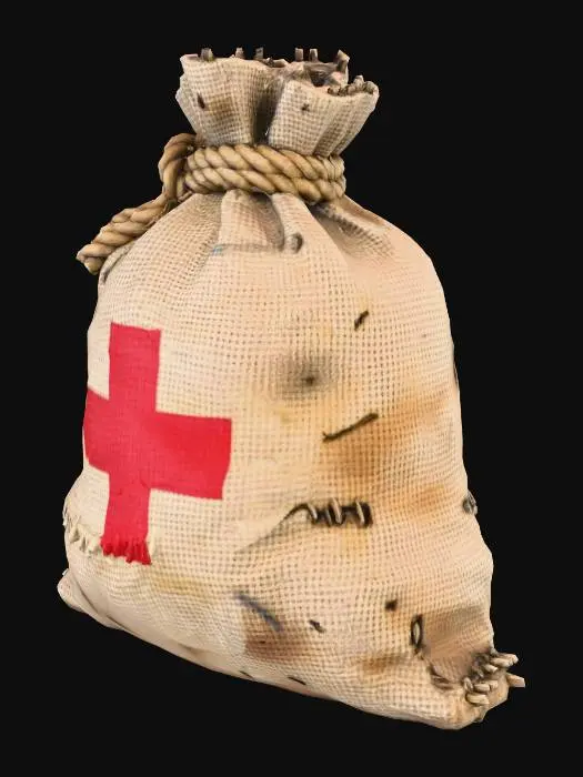 3D model for “medieval burlap sack prop, rough textile surface, tied rope closure, realistic stylized look, slightly uneven shape, dirt and wear, compact environmental asset, 3D PBR render”