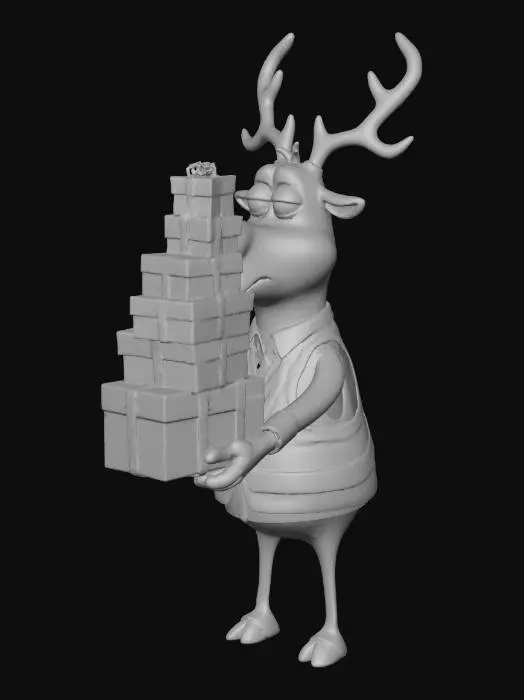 3D model for A funny Christmas character: a tired reindeer acting as a delivery worker, holding packages, wearing a reflective vest. Cartoonish, exaggerated proportions, humorous and modern holiday character design.


Highly memorable silhouette, designed as a unique holiday mascot, suitable for creative contest submission.
, #Christmas2025#