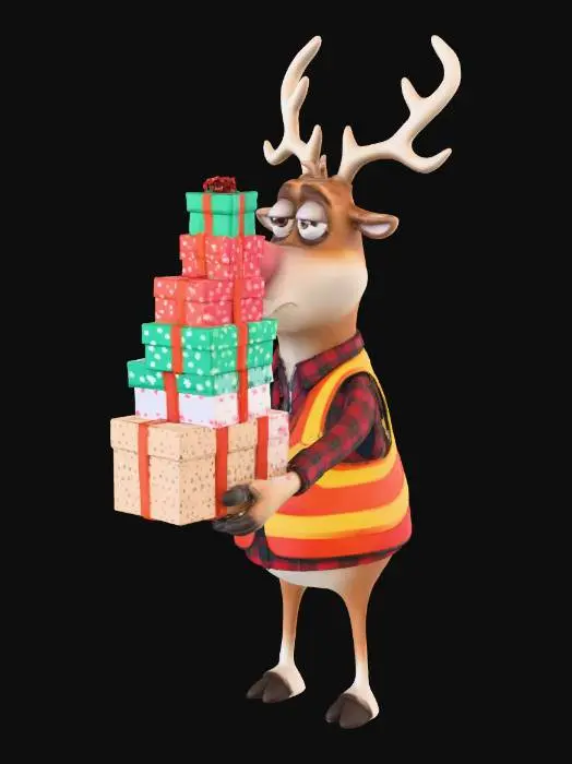 3D model for A funny Christmas character: a tired reindeer acting as a delivery worker, holding packages, wearing a reflective vest. Cartoonish, exaggerated proportions, humorous and modern holiday character design.


Highly memorable silhouette, designed as a unique holiday mascot, suitable for creative contest submission.
, #Christmas2025#