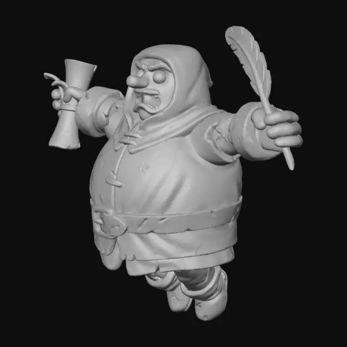 3D model for “stylized medieval tax collector character used as projectile, short robed figure with scroll and quill, stiff pose like a launched statue, semi-realistic texture, humorous game tone, PBR, isolated model”