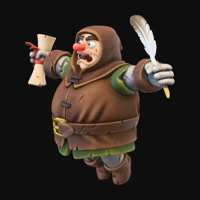3D model for “stylized medieval tax collector character used as projectile, short robed figure with scroll and quill, stiff pose like a launched statue, semi-realistic texture, humorous game tone, PBR, isolated model”