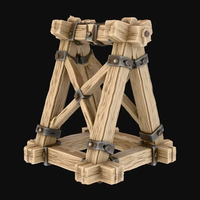 3D model for “medieval catapult frame skeleton, modular wooden beams, realistic stylized construction, iron nails and bindings, sturdy triangular supports, slightly weathered wood, PBR render, small standalone component”
