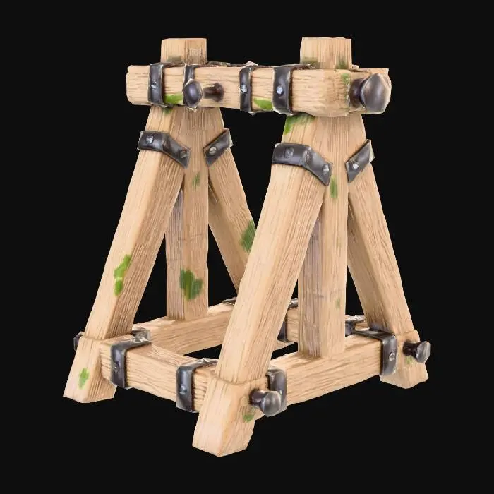 3D model for “medieval catapult frame skeleton, modular wooden beams, realistic stylized construction, iron nails and bindings, sturdy triangular supports, slightly weathered wood, PBR render, small standalone component”