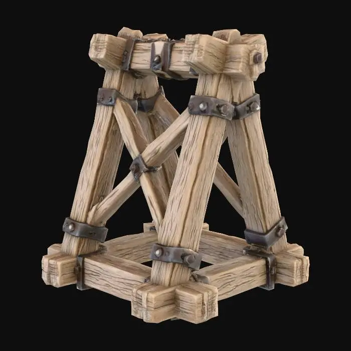 3D model for “medieval catapult frame skeleton, modular wooden beams, realistic stylized construction, iron nails and bindings, sturdy triangular supports, slightly weathered wood, PBR render, small standalone component”