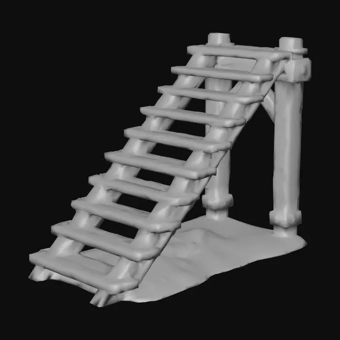 3D model for small medieval wooden staircase module, thick planks and beams, subtle stylization, realistic texture, worn edges, modular building asset, 3D game render