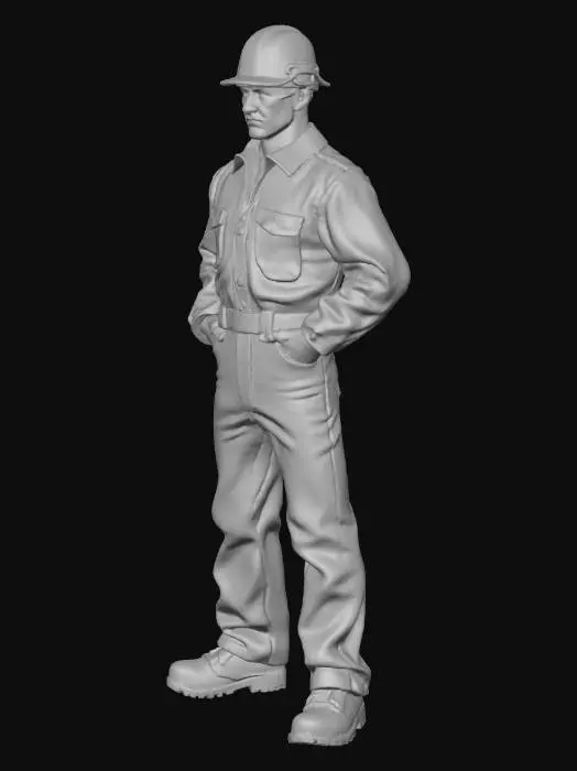 3D model for Male engineer wearing safety helmet, coveralls, black jeans, safety glasses and safety shoes.