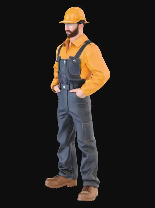 3D model for Male engineer wearing safety helmet, coveralls, black jeans, safety glasses and safety shoes.