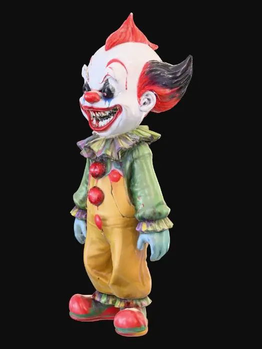 3D model for #villain# An evil clown with sharp teeth, creepy smile, melted face paint, holding black balloons, exaggerated cartoon style, colorful but sinister design
