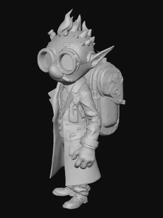 3D model for #villain# A mad inventor with giant goggles, burnt lab coat, strange gadgets strapped to his back, stylized cartoon look, exaggerated proportions