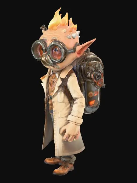 3D model for #villain# A mad inventor with giant goggles, burnt lab coat, strange gadgets strapped to his back, stylized cartoon look, exaggerated proportions