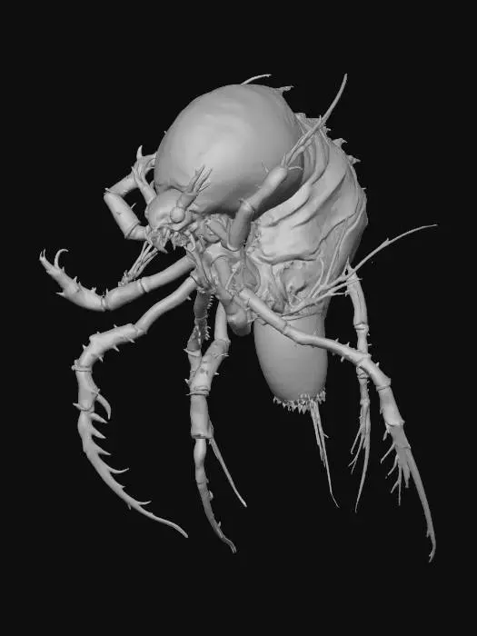 3D model for #villain# A parasite queen with insect-like body, multiple legs, glowing egg sacs around, terrifying design, horror atmosphere, cinematic realism