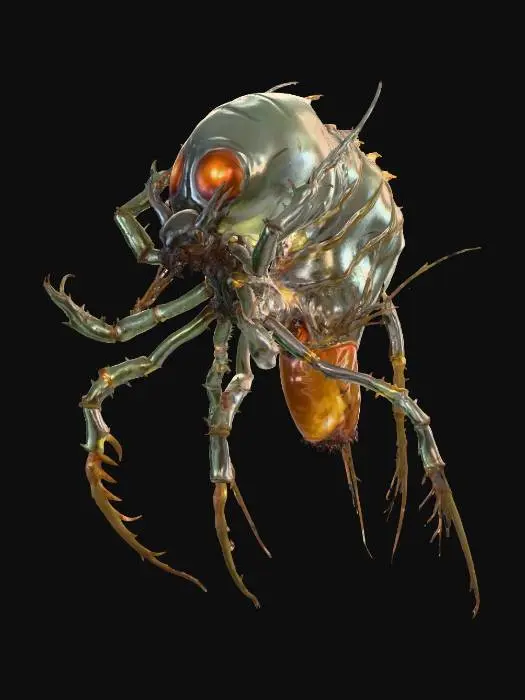 3D model for #villain# A parasite queen with insect-like body, multiple legs, glowing egg sacs around, terrifying design, horror atmosphere, cinematic realism
