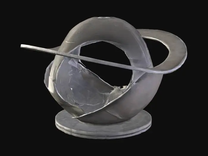 3D model for Transfer is a modern contemporary art installation for a public space like a plaza or public garden made from metal and stone. Using simple geometric shapes and large sweeping curves to create a dramatic but simplistic design that uses light and reflections to change the style throughout the day it demonstrates the openness and cooperation that trade has built over the millennia.