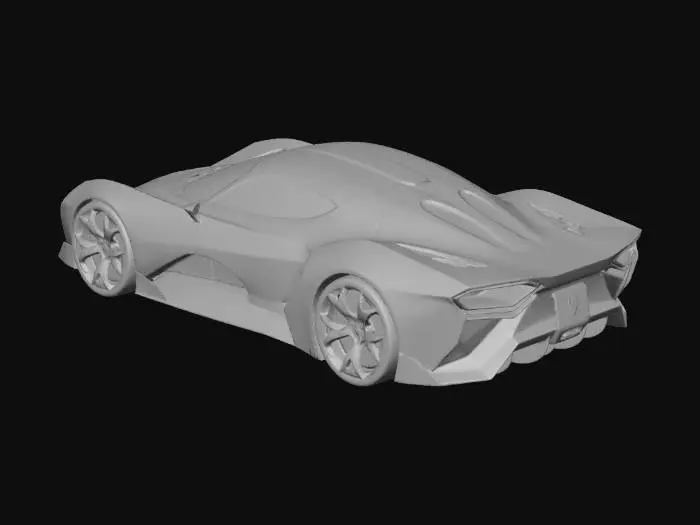 3D model for Concept angular Hypercar in glossy shiny red with black rims. Full body shot.