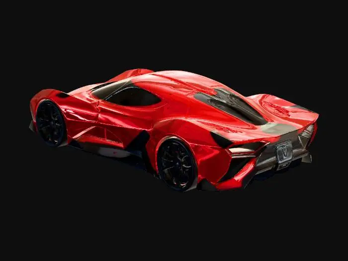 3D model for Concept angular Hypercar in glossy shiny red with black rims. Full body shot.