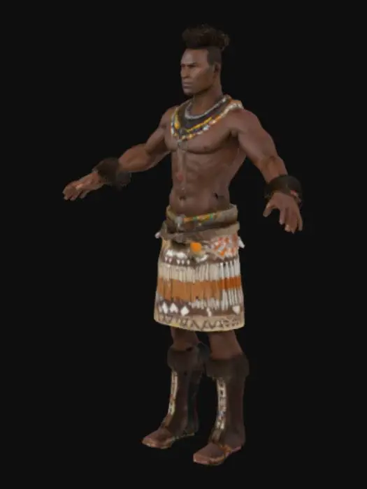 3D model for Full-body 3D T-pose of a dark-skinned, muscular Zulu warrior, 28 yrs old, with anatomically correct limbs, realistic African facial structure, natural short afro-textured hair. Wearing detailed geometric bead skirts, wide beaded belts, fur leg cuffs, armbands, and bold necklaces. No weapons or headgear. Neutral face, clear skin tone. Sharp details, balanced light, 4K realism, AAA game-ready, perfect for rigging.


