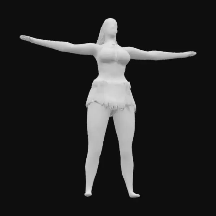 3D model for Full-body T-pose of a barefoot 25-year-old curvaceous-athletic Zulu woman with dark brown glowing skin, short tightly curled black hair, gold headband. No disfigurements—face, head, hair, fingers, toes, and body perfectly formed. Arms outstretched, palms forward, joints clearly visible. Wears 19th-century Zulu attire: gold-strapped top and dark purple mini-skirt with green navy-patterned beaded fringe. Layered gold necklaces and bracelets. Serious, regal expression. Neutral gray textured background. Even 3-point lighting, no shadows or overexposure. Sharp 4K realism, high facial and muscle detail, clean silhouette, perfect for rigging.


