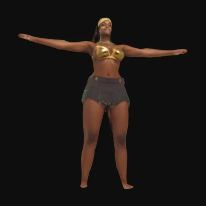 3D model for Full-body T-pose of a barefoot 25-year-old curvaceous-athletic Zulu woman with dark brown glowing skin, short tightly curled black hair, gold headband. No disfigurements—face, head, hair, fingers, toes, and body perfectly formed. Arms outstretched, palms forward, joints clearly visible. Wears 19th-century Zulu attire: gold-strapped top and dark purple mini-skirt with green navy-patterned beaded fringe. Layered gold necklaces and bracelets. Serious, regal expression. Neutral gray textured background. Even 3-point lighting, no shadows or overexposure. Sharp 4K realism, high facial and muscle detail, clean silhouette, perfect for rigging.


