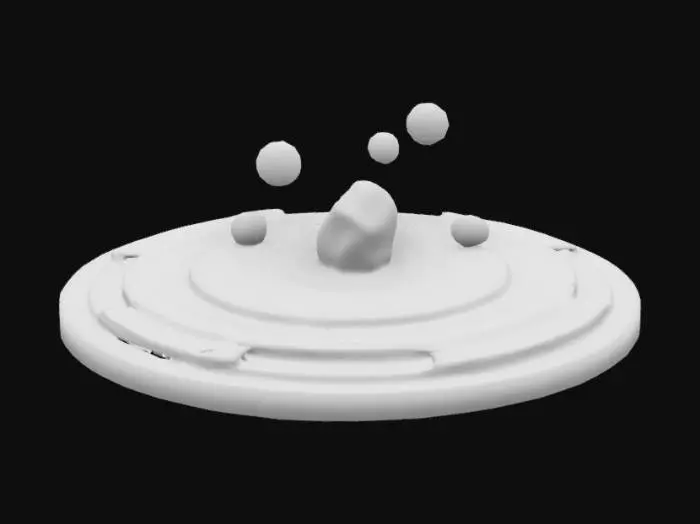 3D model for The scene features a circular, intricate metallic black platform with glowing turquoise accents, surrounded by crystalline structures and hanging spheres that create a mystical and futuristic ambiance.,