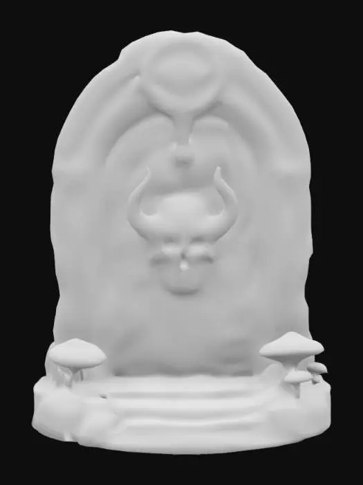 3D model for The object is  an ancient demonic stone portal of black and electric red that leads to an alternate reality. Intricately detailed carved skull fresco wall, with arcane etchings and mystic symbols. Symmetrically arranged celestial stones, bioluminescent yellow mushrooms emanating raw power for the active portal.
