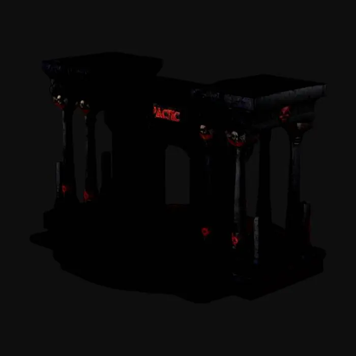 3D model for The object features a complex, symmetrical rectangular shape with intricate, gear-like textures and raised elements spread across its facade. Dark dystopian monument featuring tall, rectangular black stone pillars in a 20’ circular arrangement, adorned with tortured soul carvings and skull motifs. The central arch, labeled 'PACIFIC,' glows with bioluminescent red accents, ."