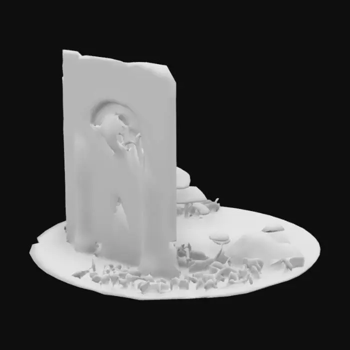 3D model for The object is  an ancient demonic stone portal of black and electric red that leads to an alternate reality. Intricately detailed carved skull fresco wall, with arcane etchings and mystic symbols. Symmetrically arranged celestial stones, bioluminescent yellow mushrooms emanating raw power for the active portal.