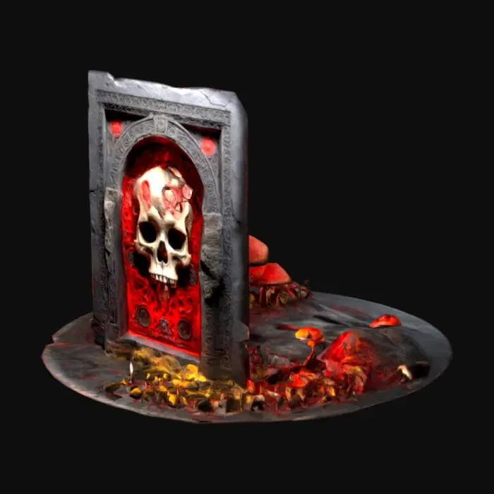 3D model for The object is  an ancient demonic stone portal of black and electric red that leads to an alternate reality. Intricately detailed carved skull fresco wall, with arcane etchings and mystic symbols. Symmetrically arranged celestial stones, bioluminescent yellow mushrooms emanating raw power for the active portal.