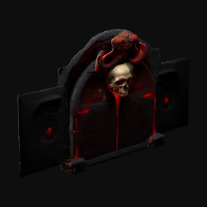 3D model for The object is  an ancient demonic stone portal of black and electric red that leads to an alternate reality. Intricately detailed carved skull fresco wall, with arcane etchings and mystic symbols. Symmetrically arranged celestial stones, bioluminescent yellow mushrooms emanating raw power for the active portal.