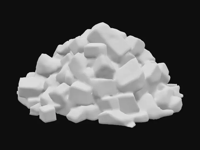 3D model for dark surreal pile of irregular square stone slabs and cracked rocks, uneven surface, weathered texture, inspired by Zdzisław Beksiński, slightly twisted and stacked, gloomy tones, eerie atmosphere, detailed and realistic, ground element for post-apocalyptic or nightmarish scene