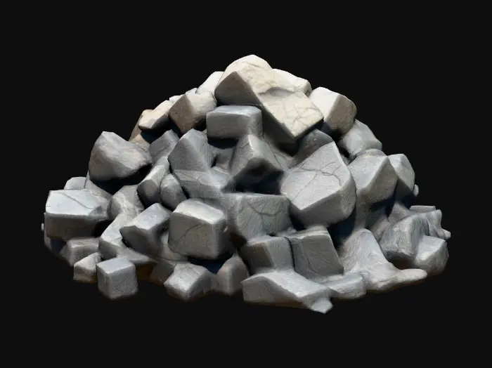 3D model for dark surreal pile of irregular square stone slabs and cracked rocks, uneven surface, weathered texture, inspired by Zdzisław Beksiński, slightly twisted and stacked, gloomy tones, eerie atmosphere, detailed and realistic, ground element for post-apocalyptic or nightmarish scene