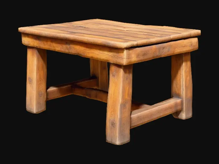 3D model for old wooden table with rough surface and thick legs, slightly uneven and worn edges, rustic 17th-century Dutch farmhouse style, ultra realistic and highly detailed