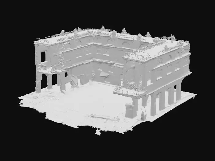 3D model for ruined building in an apocalyptic world, collapsed walls and shattered concrete, exposed metal beams twisted from impact, broken windows, craters and scorch marks across the surface, dark and desolate atmosphere, ultra realistic and highly detailed