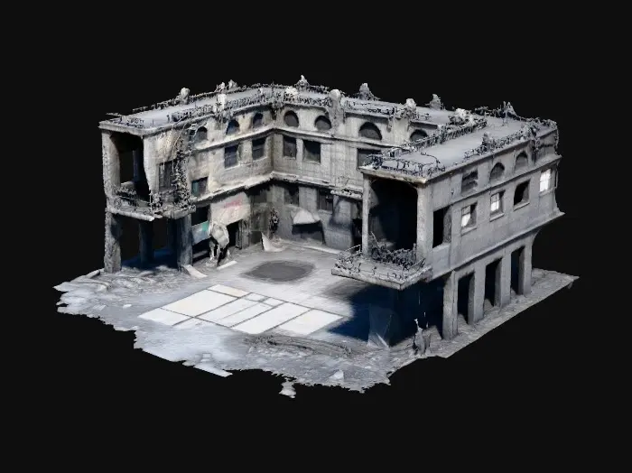 3D model for ruined building in an apocalyptic world, collapsed walls and shattered concrete, exposed metal beams twisted from impact, broken windows, craters and scorch marks across the surface, dark and desolate atmosphere, ultra realistic and highly detailed