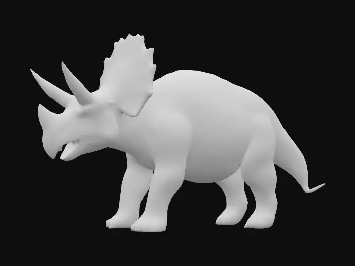 3D model for realistic triceratops with thick, textured skin and detailed scales, three distinct facial horns and a large bony frill, sturdy muscular body, calm standing pose, natural earth-toned coloration, ultra realistic and highly detailed 3D model