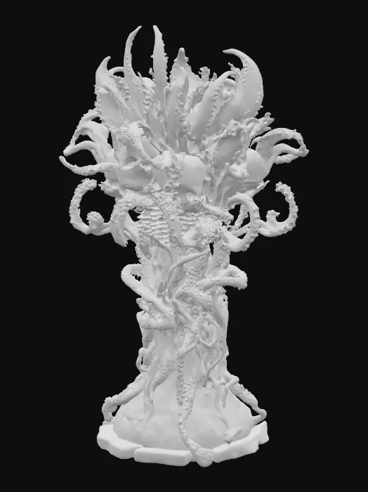 3D model for strange flower-like structure made of twisted bones and vertebrae, emerging from a cracked stone base, surreal grotesque form, highly detailed and organic