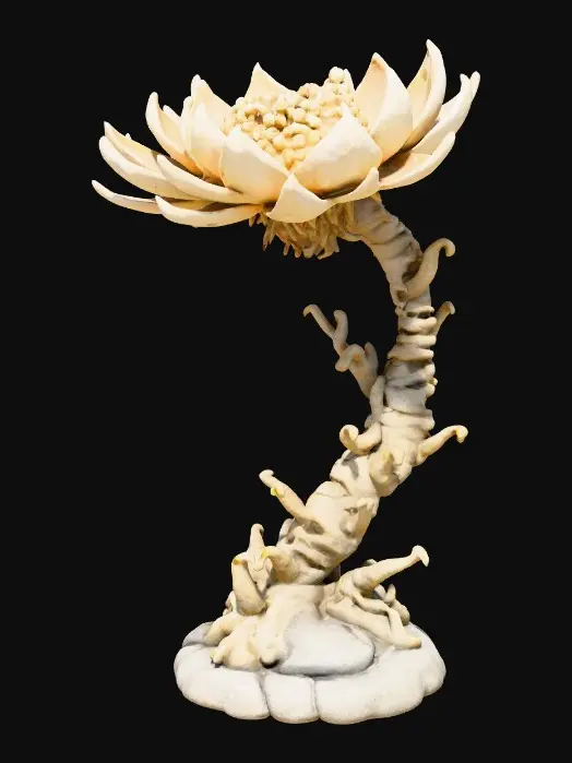 3D model for strange flower-like structure made of twisted bones and vertebrae, emerging from a cracked stone base, surreal grotesque form, highly detailed and organic