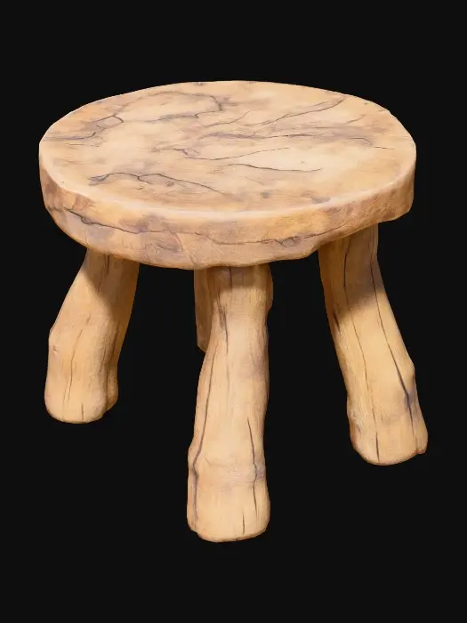 3D model for simple wooden stool with uneven legs and a rough hand-carved look, rustic 17th-century style, worn edges, ultra realistic and highly detailed
