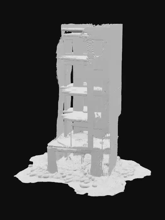 3D model for crumbling building in an apocalyptic world, partially collapsed structure with exposed rebar and shattered concrete, overgrown with dead vines and debris, broken windows, twisted metal, and scorched surfaces, eerie and desolate atmosphere, highly detailed and ultra realistic