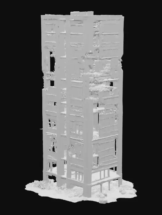 3D model for ruined skyscraper in an apocalyptic world, partially collapsed with broken windows and exposed steel beams, large sections of the façade missing, leaning structure with cracked concrete and twisted metal, dark and desolate, ultra realistic and highly detailed