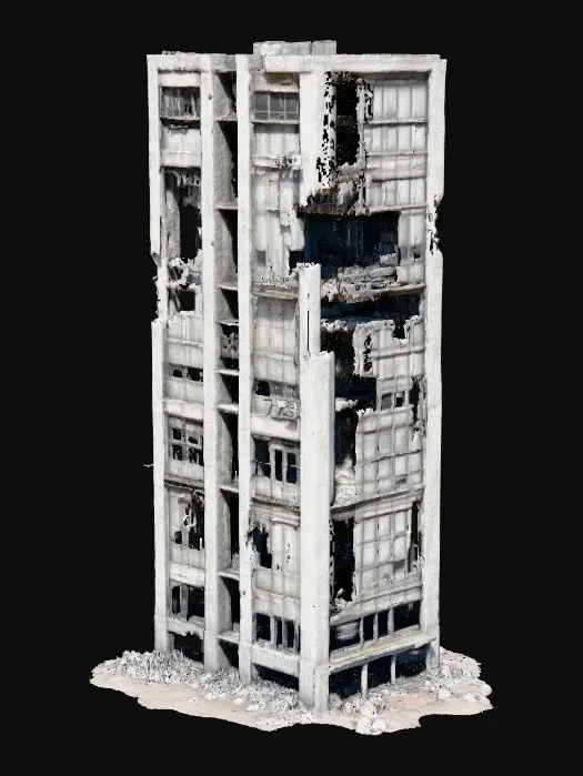 3D model for ruined skyscraper in an apocalyptic world, partially collapsed with broken windows and exposed steel beams, large sections of the façade missing, leaning structure with cracked concrete and twisted metal, dark and desolate, ultra realistic and highly detailed